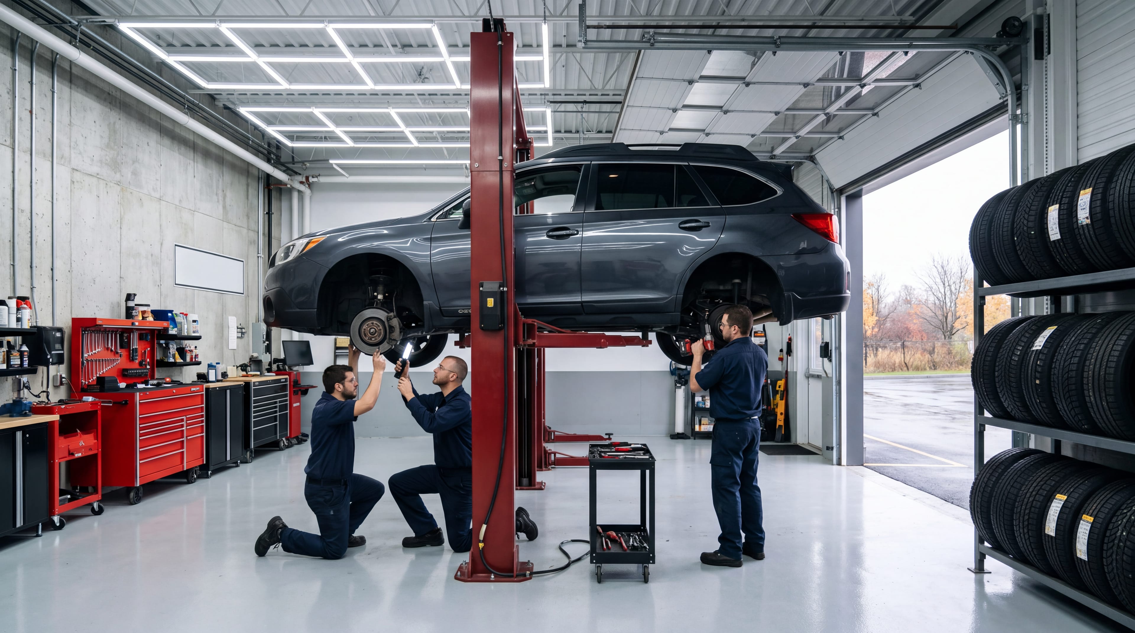 Un VUS sur un pont élévateur, 2 mécaniciens travaillent dessous dans un garage moderne et propre