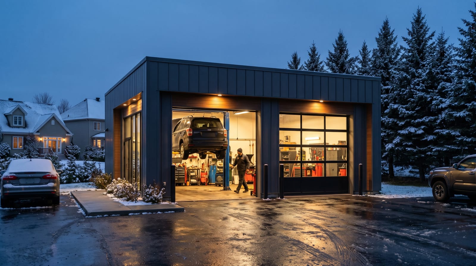 Le garage au crépuscule, portes de garage éclairées