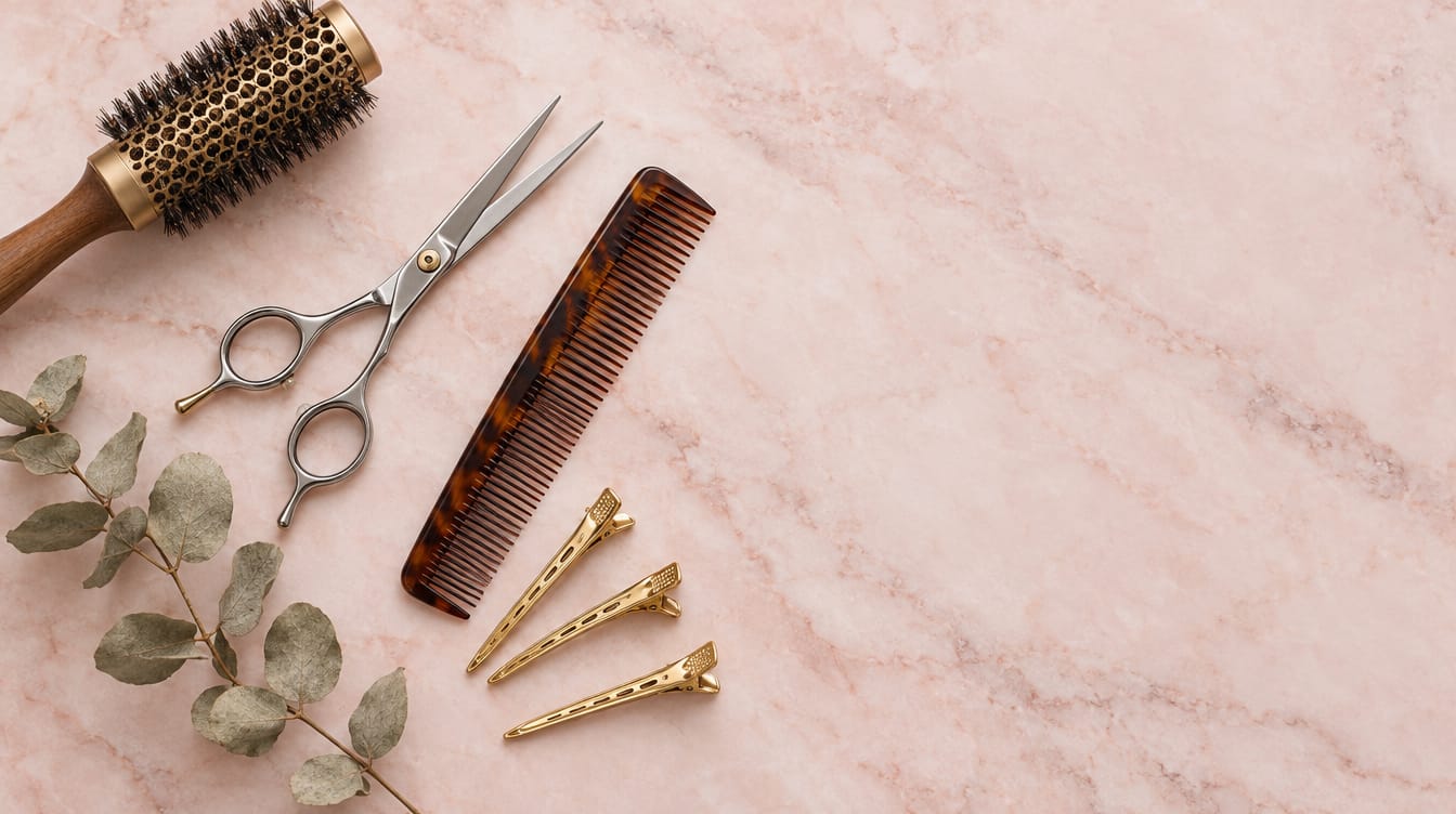 Ciseaux, peigne et pinces de coiffure sur marbre rose