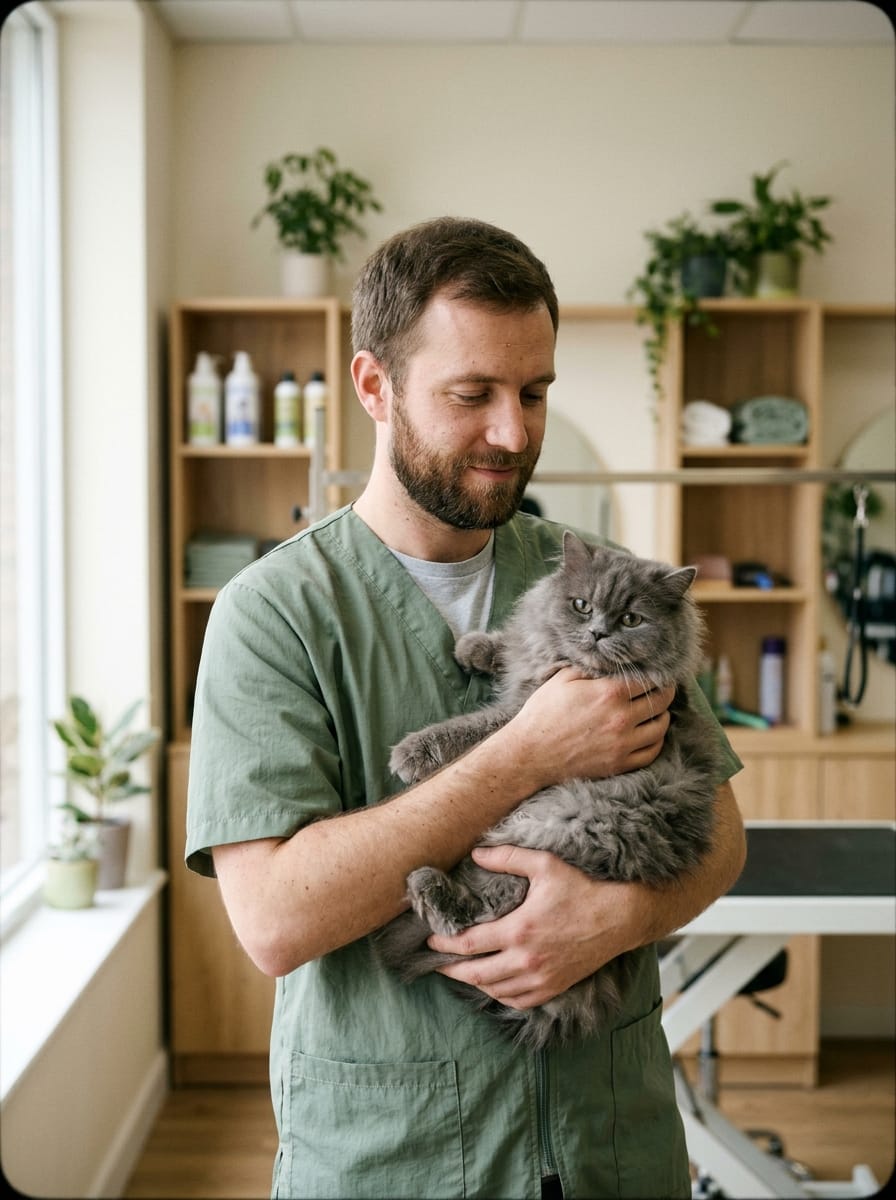 Antoine avec un chat persan gris