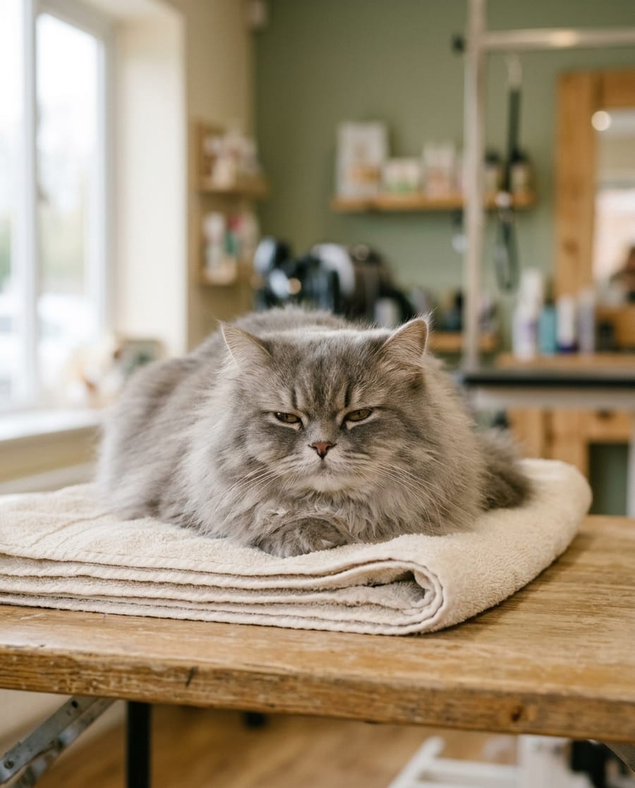 Chat persan gris détendu sur une serviette