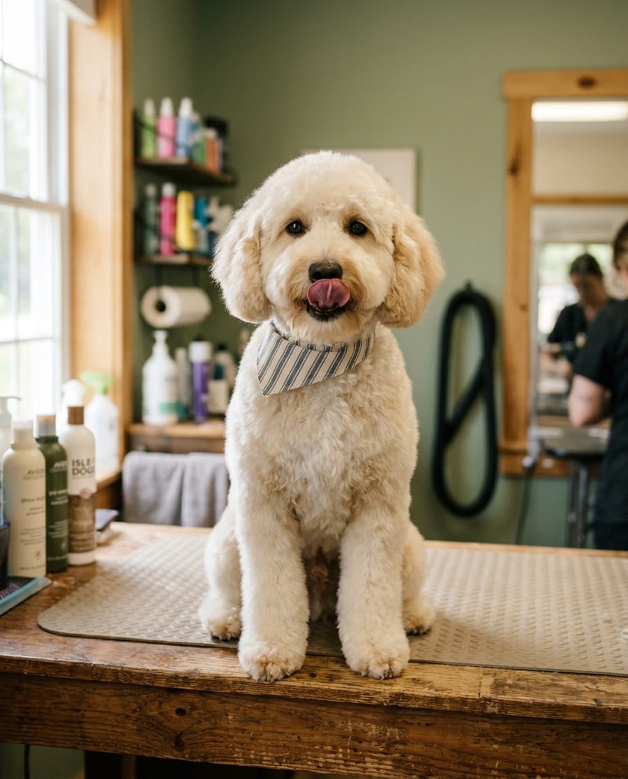 Goldendoodle en coupe teddy avec un bandana