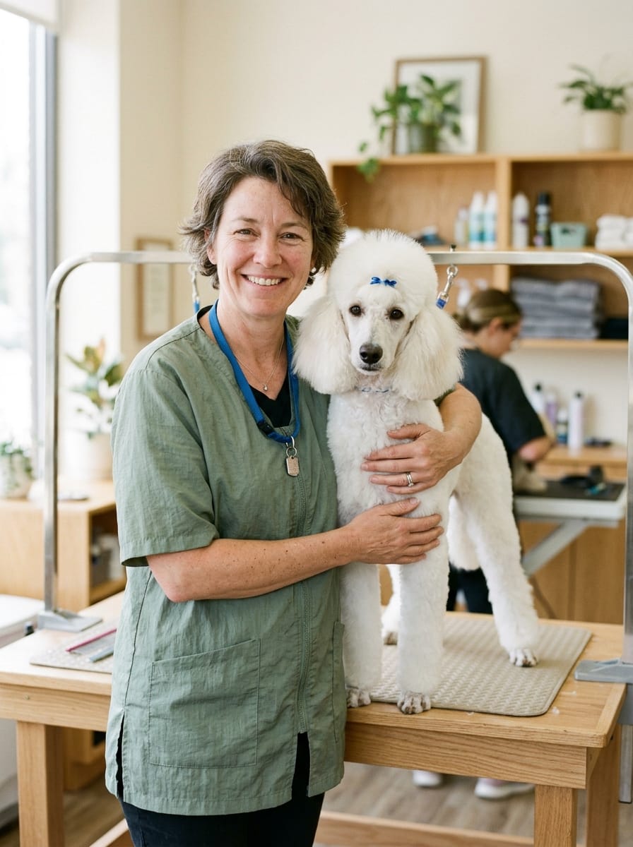 Isabelle avec un caniche blanc