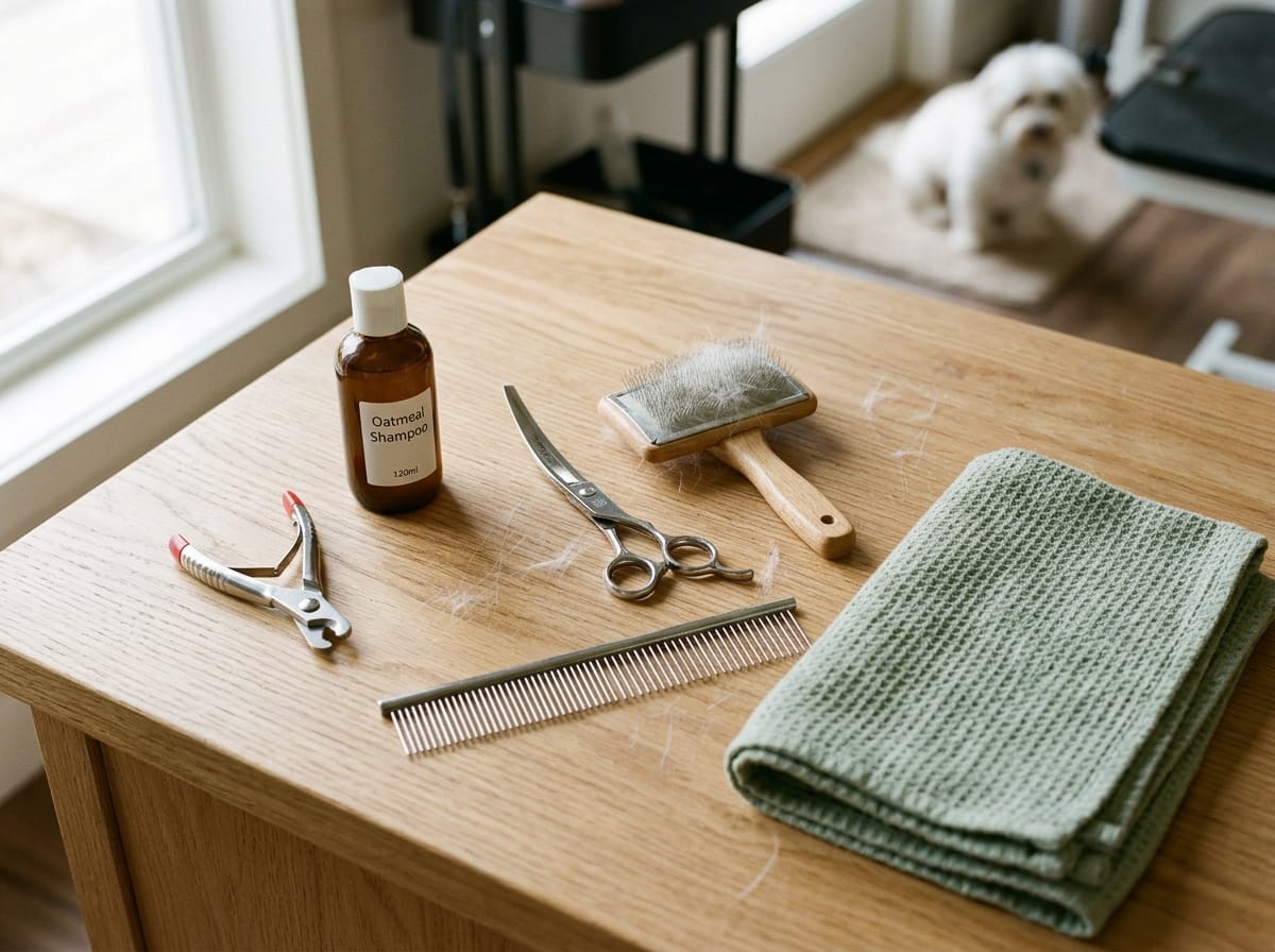 Ciseaux, peigne, brosse et coupe-griffes sur une table de bois clair