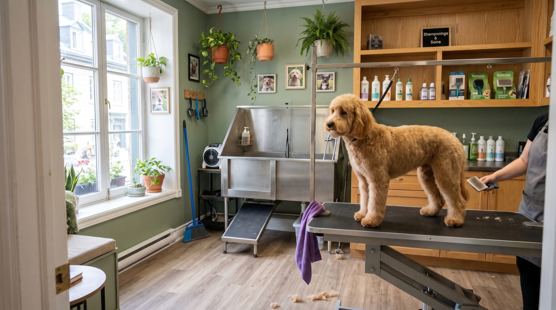 Salon de toilettage lumineux aux murs vert sauge, un doodle attend sur la table