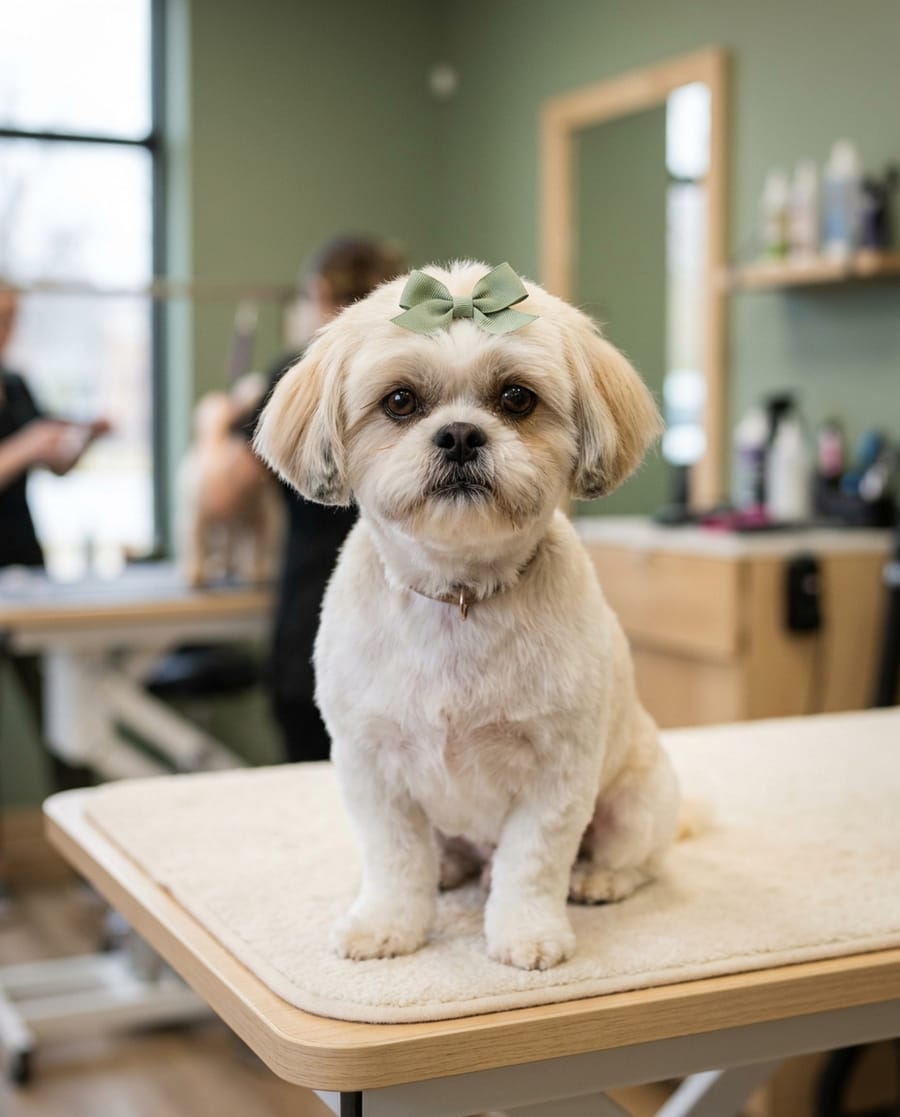 Shih tzu avec une boucle verte