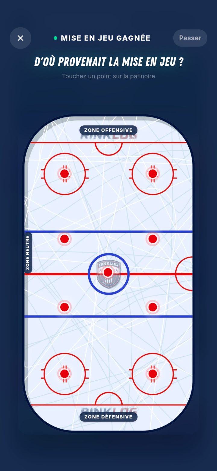 Écran Mise en jeu gagnée sur la patinoire de hockey