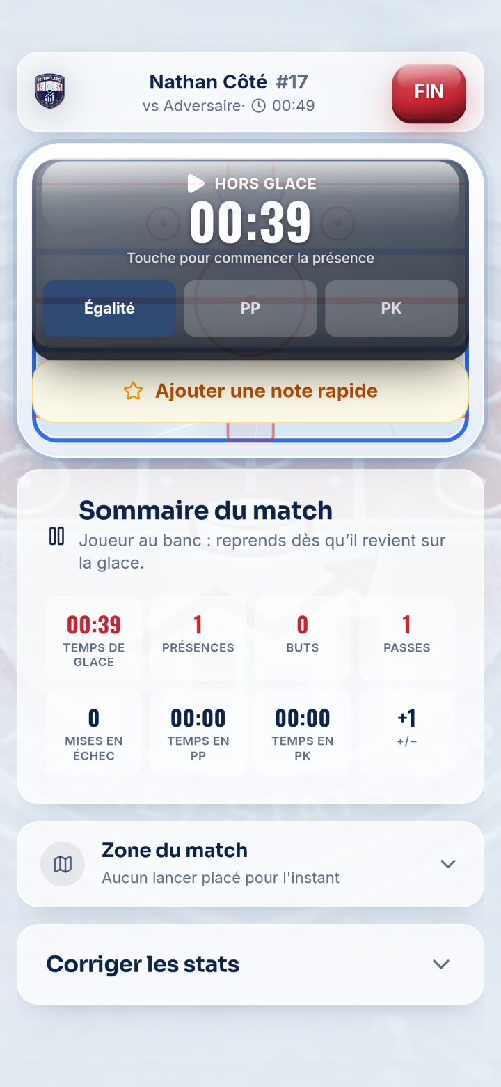 Sommaire du match pendant que le joueur est au banc