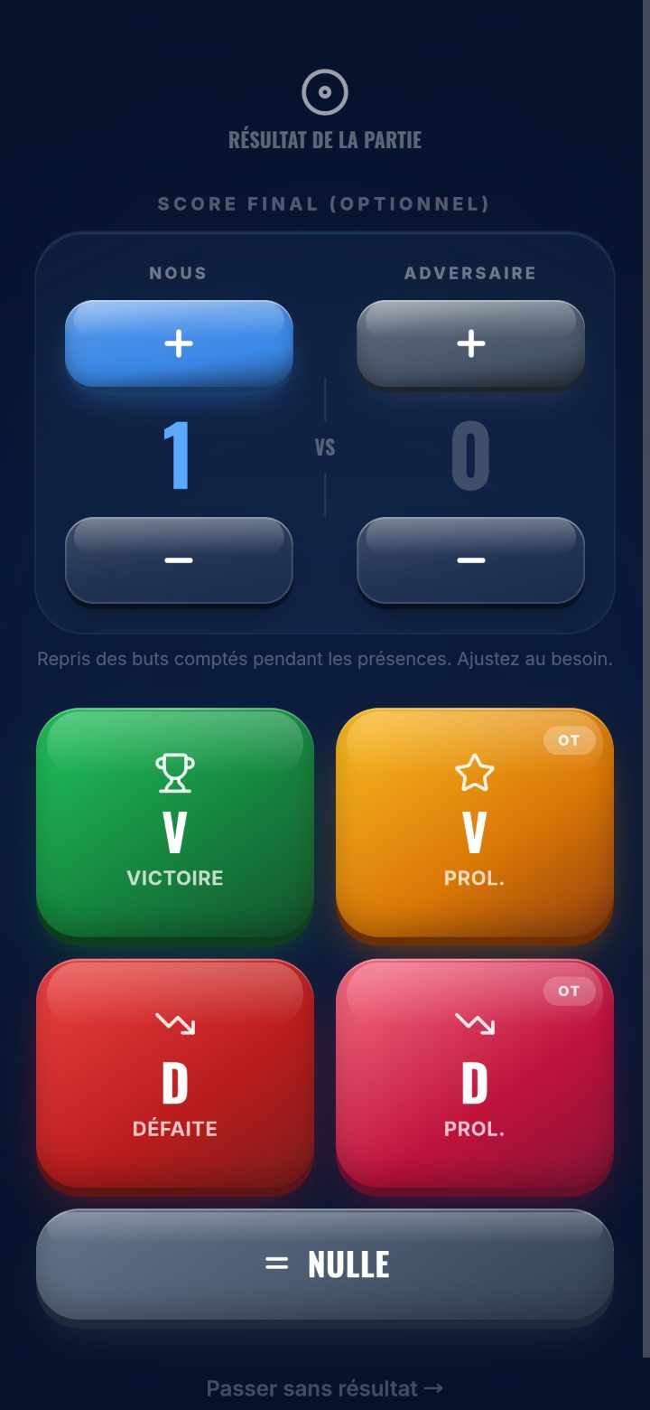 Écran Résultat de la partie